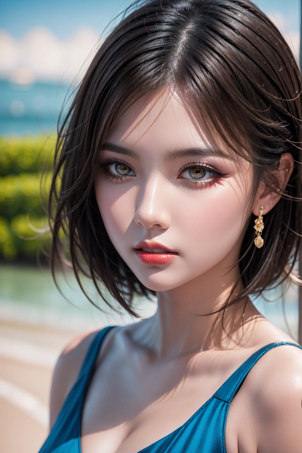 (nnlnnx_1985-1987_v1.4g:0.5), nnlnnx, short hair, (sharp focus:1.2), Realistic (photorealistic Realism), ultra realistic details: velvety skin, blonde short slicked to the side hair, symmetrical lips, light glossy red_lipstick, long blue_eyelashes, pupils, (clear sharp focus, not blurry, Realistic brown_eyes:1.35), (anatomically correct), (perfect female body:1.4),beautiful feet,cute girl,(firm and full breasts:1.3), Hyper Photorealistic ((portrait)) a cute 1model:1.4 24yo, , attractive young woman, (beautiful face:1.1), detailed eyes, luscious lips, (eye makeup:1.2), (tight body:1.2), wearing (flowery dress:1.2) at (the beach:1.2). (morning sun lighting:1.2), depth of field, bokeh, 4K, HDR. by (James C. Christensen:1.2|Jeremy Lipking:1.1).
