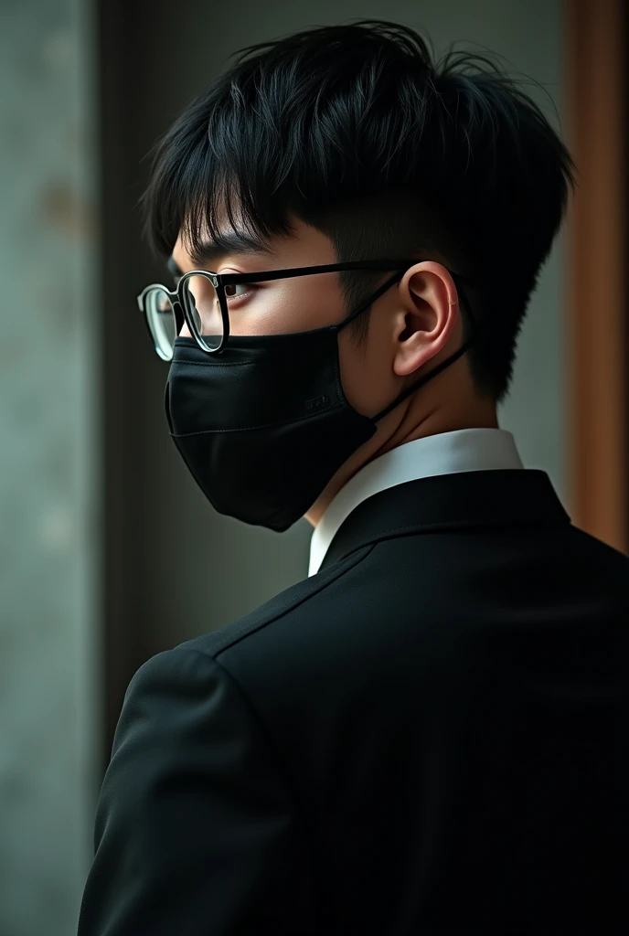Handsome young man, Chinese celebrity, 2, black hair, glasses, black mask, Asian, Back view