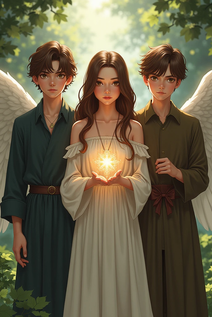 two twin brothers a age brown-eyed woman, long brown hair and light skin she is an archangel and the other teen man with brown eyes short brown hair and light skin he is a witch