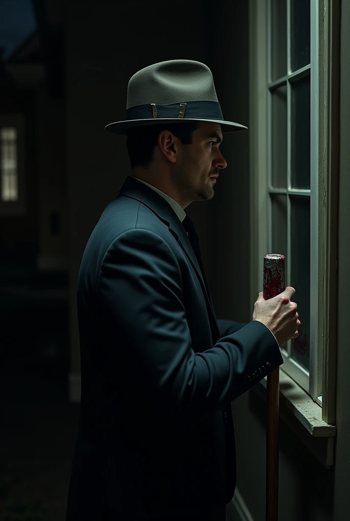 A man wears suits and hat  searching someone in the house by window from outside* of the house at night he has a axe filled with blood