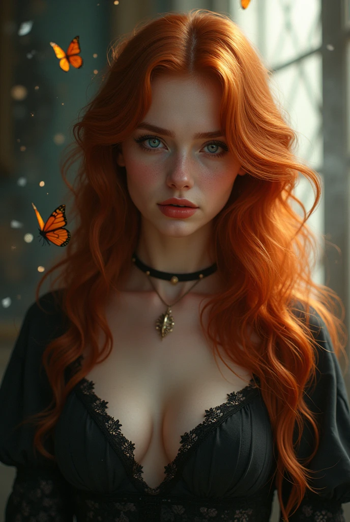 (solo, full body photo:1.3), (action packed:1.3), (haze, fog, mist:1.3), chiaroscuro, best quality, photorealistic, 1woman, (cute), (24yo:1.2), redhead, long ginger hair highly detailed, 1700'S, digital photography, art by artgerm and ruan jia and greg rutkowski surreal painting gold butterfly filigree, broken glass, (masterpiece, sidelighting, finely detailed Fashionable eyes: 1.2) (perfect oval large eyes that gazes at the viewer), beautiful detailed face, blue gorgeous perfect eyes, (blonde hair ponytail), (attractive young woman:1.3), (thick amazing hair), (seductive:1.1), (blushing:1.1)
