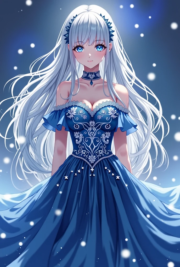 ANIME Long sliver hair women with bright blue eyes Adora’s dress, a gift from her grandfather, was a masterpiece of elegance and grace. Crafted from shimmering, midnight-blue silk, it flowed like liquid moonlight with every movement. The bodice was adorned with intricate embroidery, featuring delicate patterns of silver threads that caught the light and sparkled like stars. The skirt, cascading in layers of soft fabric, brushed the floor with a gentle swish, creating a fluid silhouette that seemed almost magical. The dress’s high neckline was framed with a subtle lace trim, adding a touch of timeless sophistication, while the delicate, off-the-shoulder sleeves fell gracefully, enhancing the dress’s ethereal quality. It was a garment that not only celebrated her beauty but also spoke of her grandfather’s deep affection and attention to detail.