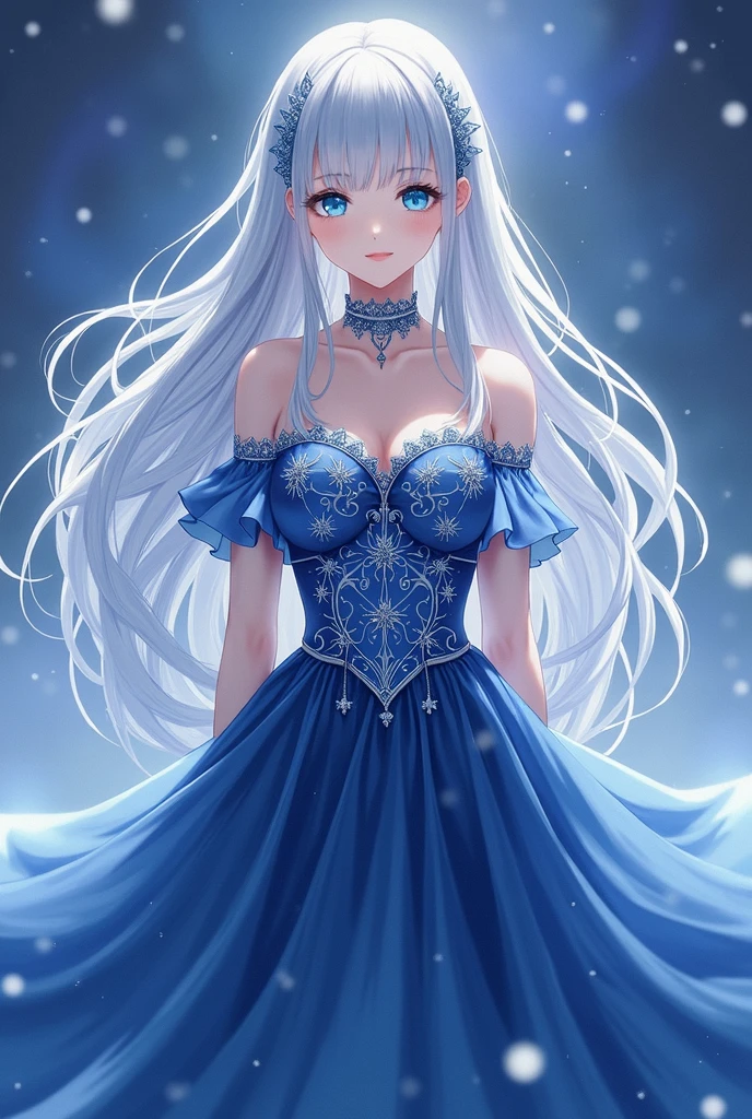 ANIME Long sliver hair women with bright blue eyes Adora’s dress, a gift from her grandfather, was a masterpiece of elegance and grace. Crafted from shimmering, midnight-blue silk, it flowed like liquid moonlight with every movement. The bodice was adorned with intricate embroidery, featuring delicate patterns of silver threads that caught the light and sparkled like stars. The skirt, cascading in layers of soft fabric, brushed the floor with a gentle swish, creating a fluid silhouette that seemed almost magical. The dress’s high neckline was framed with a subtle lace trim, adding a touch of timeless sophistication, while the delicate, off-the-shoulder sleeves fell gracefully, enhancing the dress’s ethereal quality. It was a garment that not only celebrated her beauty but also spoke of her grandfather’s deep affection and attention to detail.