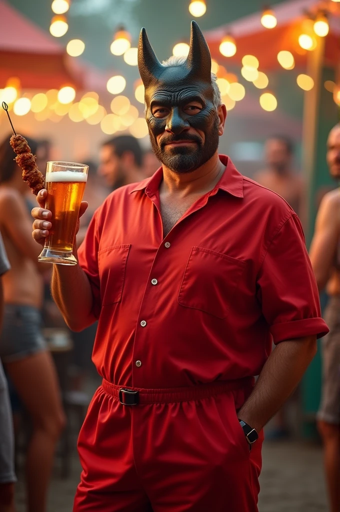 Create an image of a man wearing a red jumpsuit, wearing the mask from the series 'La Casa de Papel', holding a glass of beer in one hand and a skewer in the other, in a relaxed and festive atmosphere.