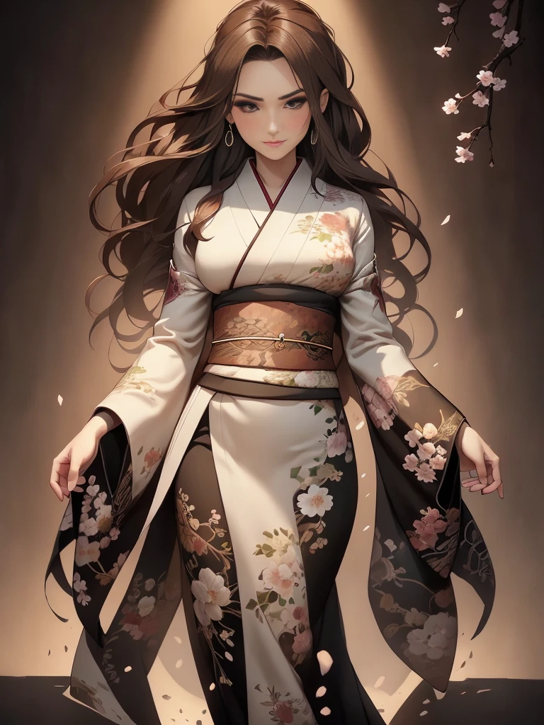(Caucasian woman, female, dark brown hair, pale skin, brown eyes, solo portrait, natural breasts) green kimono, long flowing kimono, dragon kimono, green clothing full body, smiling, standing inside, good lighting, daytime, looking up at viewer, (outside of a castle, medieval setting, cherry blossoms,  garden), ((masterpiece, best quality)), art by greg rutkowski,  (detailed Bonifasko lighting), (detailed face), (detailed skin), BREAK, (( flowing hair)), ((facing viewer)), (cinematic lighting), ((detailed background)), ((full body portrait view)), (((full body view))), (half body shadow), [backlighting], [crepuscular ray], [detailed ambient light], [gray natural lighting], [ambient light on the belly], [sharp focus], (questionable content), (shaded), ((masterpiece)), Commission for High Res,Sakimichan beautiful, masterpiece, natural breasts, medium breasts, best quality, detailed image, bright colors, detailed face, perfect lighting, perfect shadows, perfect eyes, girl focus, brown eyes, flawless face, face focus, gaze at the viewer, half-closed eyes, 1girl, solo, full body, (masterpiece:1.21), (best quality:1.2), (illustration:1.2), (cinematic lighting:1.3), detailed skin, balanced coloring, global illumination, ray tracing, good lighting, ((brown hair, green kimono)),((seductive look, smile, happy, looking at viewer)