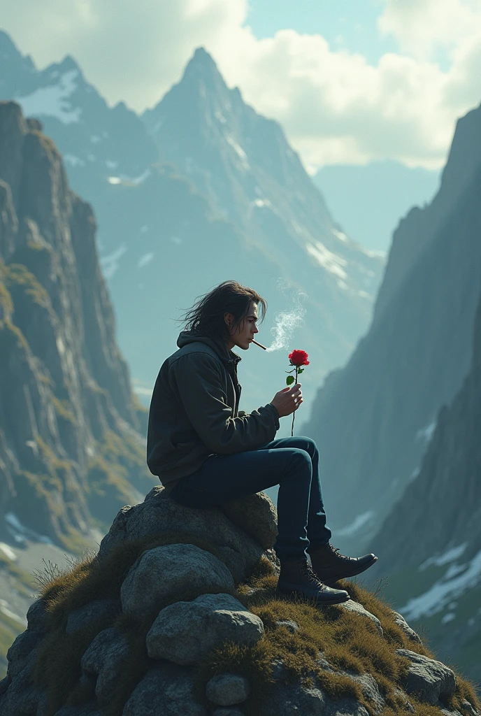 A young man sitting alone on a rock in the middle of the mountains with a cigarette in his hand and smoke coming out of his mouth and holding a rose in one hand with long hair and beard and a very emotional face