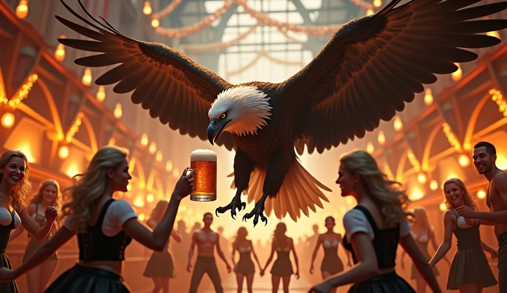 Eagle in fire drinking beer with german dancing bikergirls in german cafe in fire octoberfest