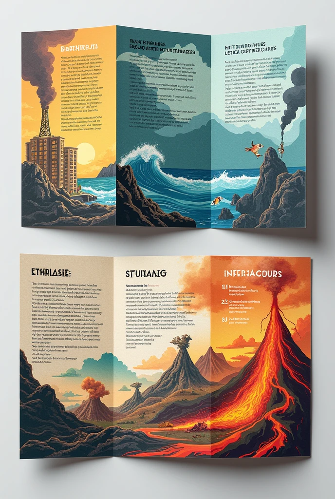 Design a bold, textured, and illustrative tri-fold brochure focused on natural disasters, specifically for earthquakes (building collapsing), tsunamis, and volcanic eruptions. Each panel of the brochure should feature detailed, clear, and concise information on what to do before, during, and after each disaster. The design should use eye-catching visuals and colors to effectively communicate the critical steps for preparedness and safety.