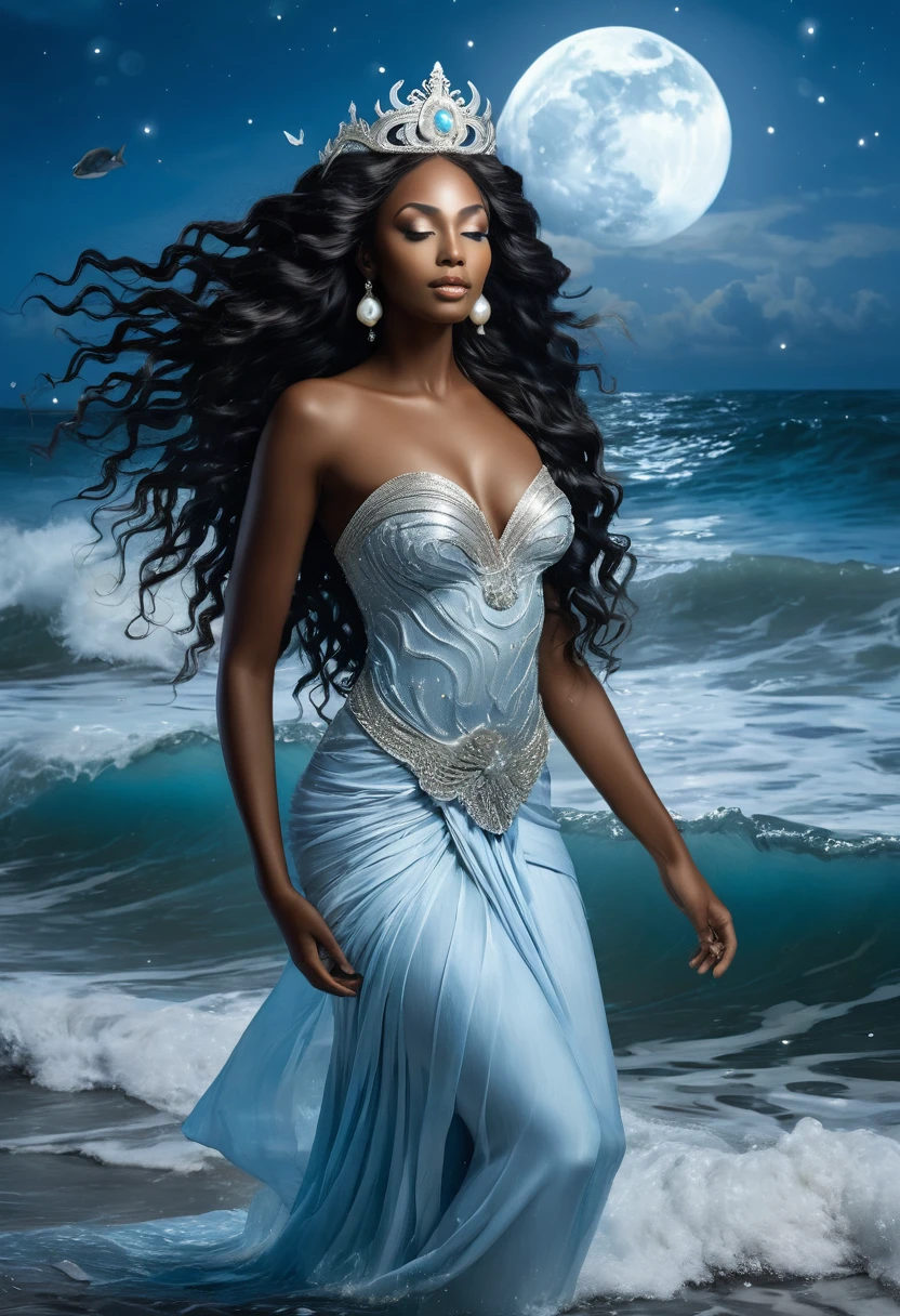 Create a majestic image of Yemanja, The Goddess of Waters, represented as a black woman of serene beauty and power. She is emerging from the ocean, with long, wavy black hair flowing in the wind, adorned with pearls and shells. Your skin glows softly in the moonlight, and she wears a light blue and white dress, that mixes with the waves. Ao redor dela, The sea is calm, reflecting the moonlight and the brightness of the stars. Iemanjá wears a silver crown and holds a hand mirror decorated with marine details.. No fundo, there are fish, corals and dolphins swimming, all revering his divine presence. The scene is serene, mystical and full of reverence, highlighting its deep connection with water and nature