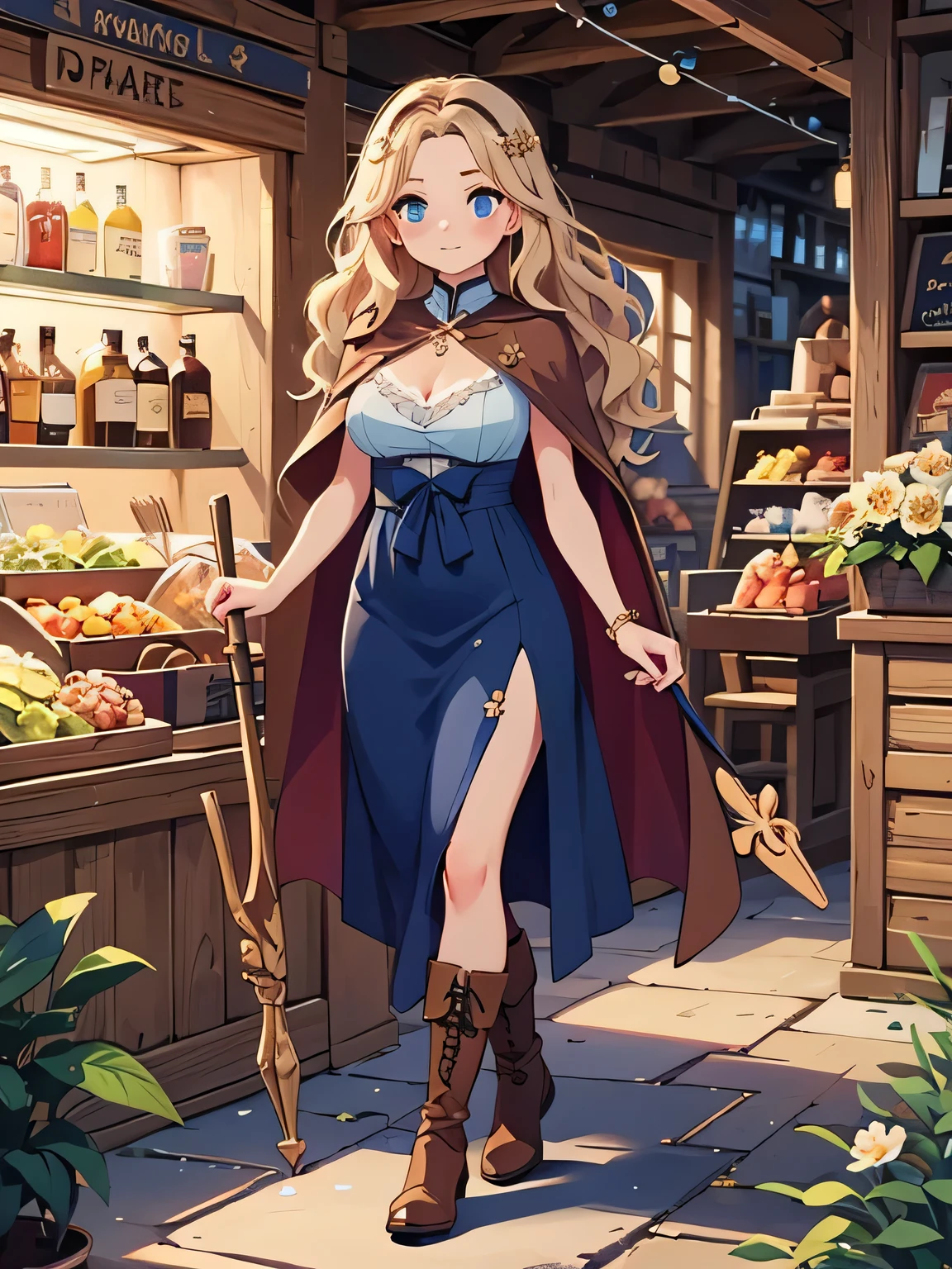 a young white woman in a marketplace, modest breasts, wooden staff, brown cape, long blue dress slit in side of skirt, brown boots, blue circlet, long wavy blonde hair, flower in hair, blue eyes