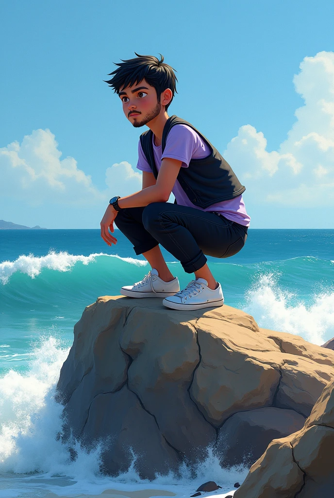 A 1 boy is crouching on a rock formation by the ocean. She was seeing the audience a light purple t-shirt, a black vest, black pants, and white sneakers. He has a beard and short dark hair. He is wearing a watch on his left wrist. The ocean is blue and there are waves crashing on the shore.