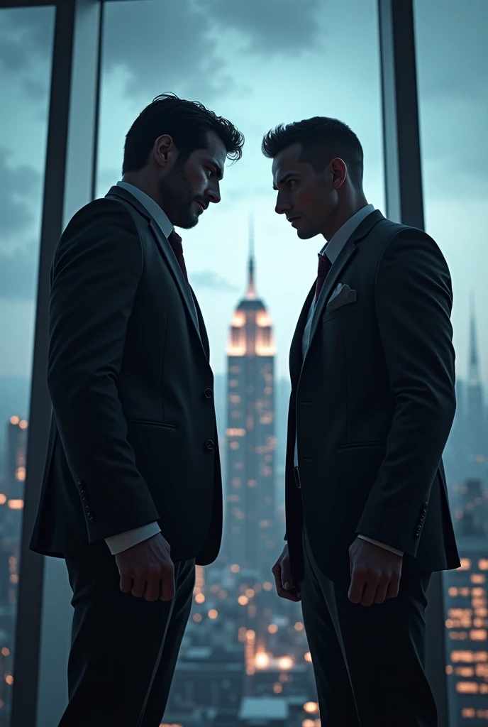 A tense, dramatic showdown between Jack and The Agent in a sleek, modern high-rise office. The two face each other, with the city skyline visible through the large windows. The atmosphere is heavy with tension, and both characters are intensely focused, ready for a final confrontation."