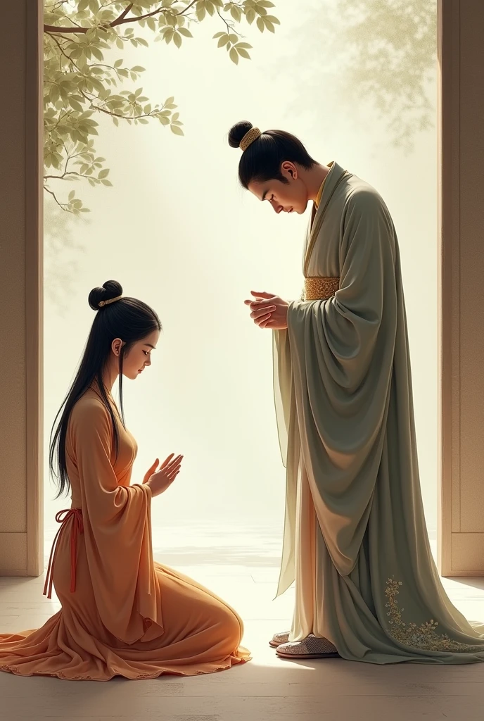 A Chinese woman kneels before a man