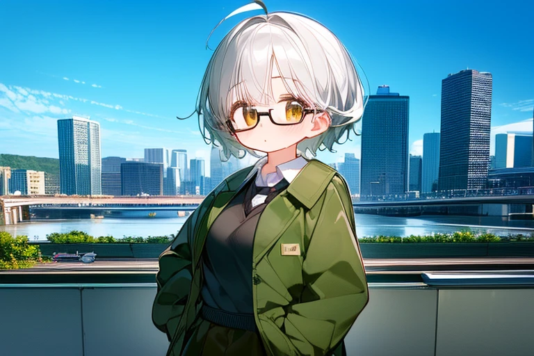 (highest quality,masterpiece:1.3),((1 cute girl:1.2)),(:1.2),expressive 目s, Perfect Face,Brown eyes,dark green beret,White hair,long ahoge,Round Glasses Black,retro city background,Brown tie,brown skirt,Dark green jacket,Low Perspective,Wet shirt,amount, open amount