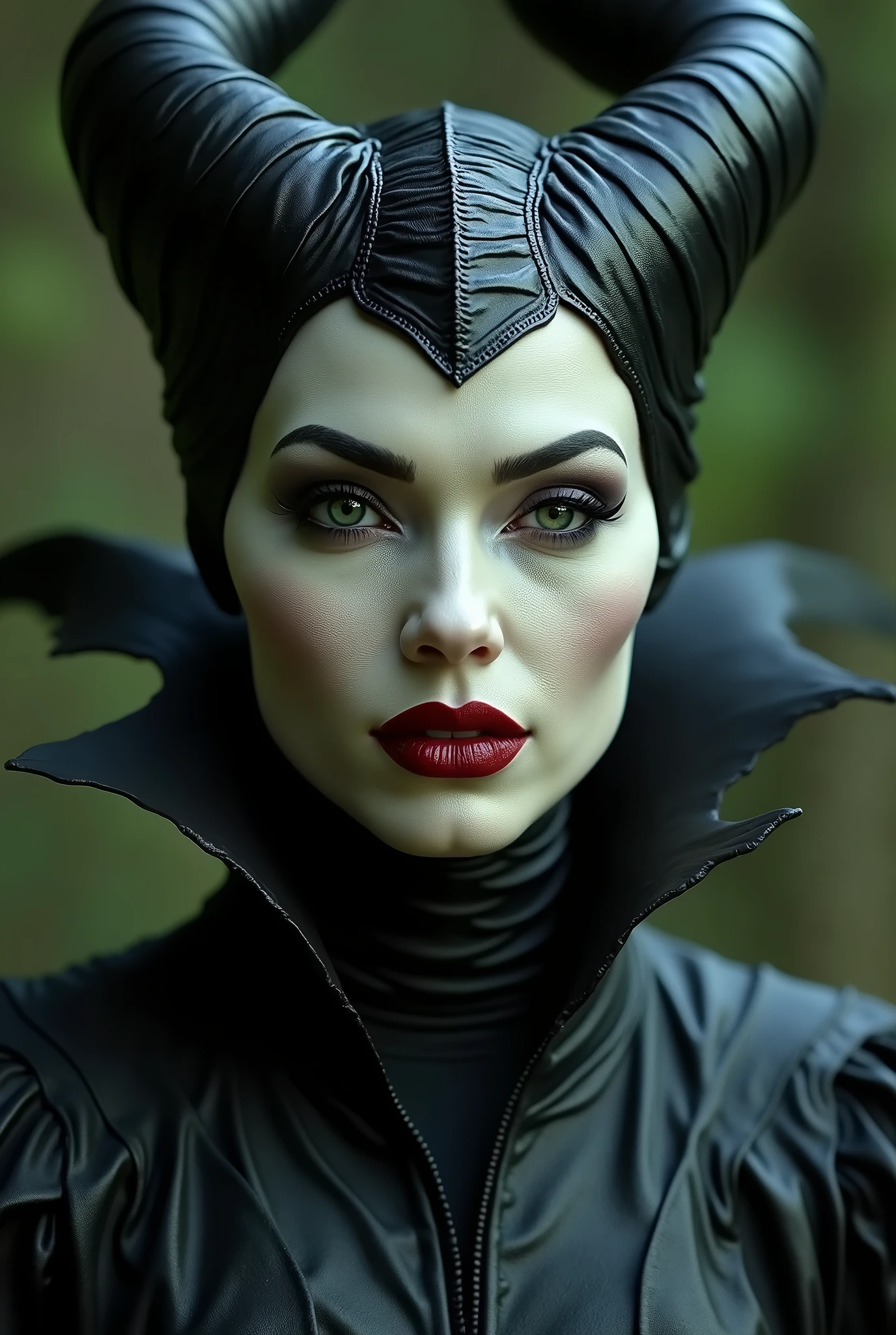 Stunning mid shot portrait, skin texture, high detail, Maleficent in the process of transforming into a dragon, she is not quite human, yet not quite a dragon