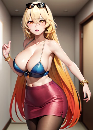 ((best quality)), ((highly detailed)), masterpiece, absurdres, (detailed eyes, deep eyes), (1girl), Perspective distortion, dynamic pose, cowboy shot, sunsensei, gradient hair, (very long hair), orange eyes, sunglasses, eyewear on head, large breasts, completely undressed , pencil skirt, pantyhose, bracelet, high heels, (gold footwear), (indoors, in a hospital room)