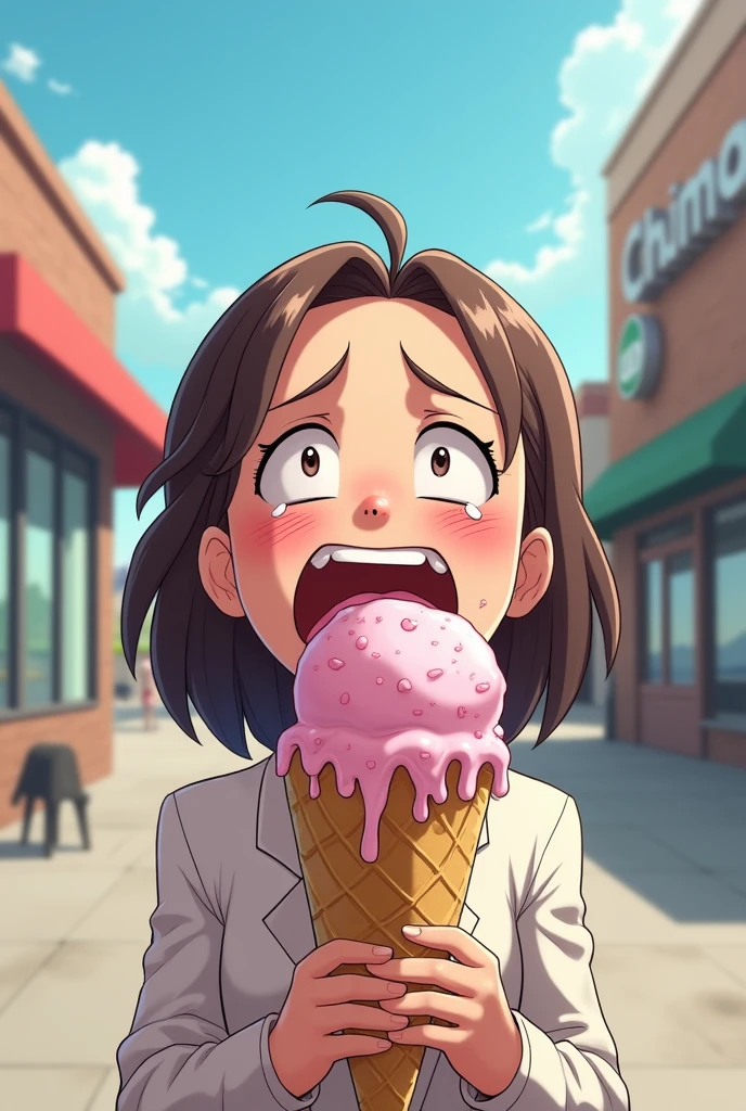  A person eating an ice cream cone at where there are two shops on one side and parking  on other side that is too big for their mouth and getting it all over their face, looking like they're about to cry from the pain.