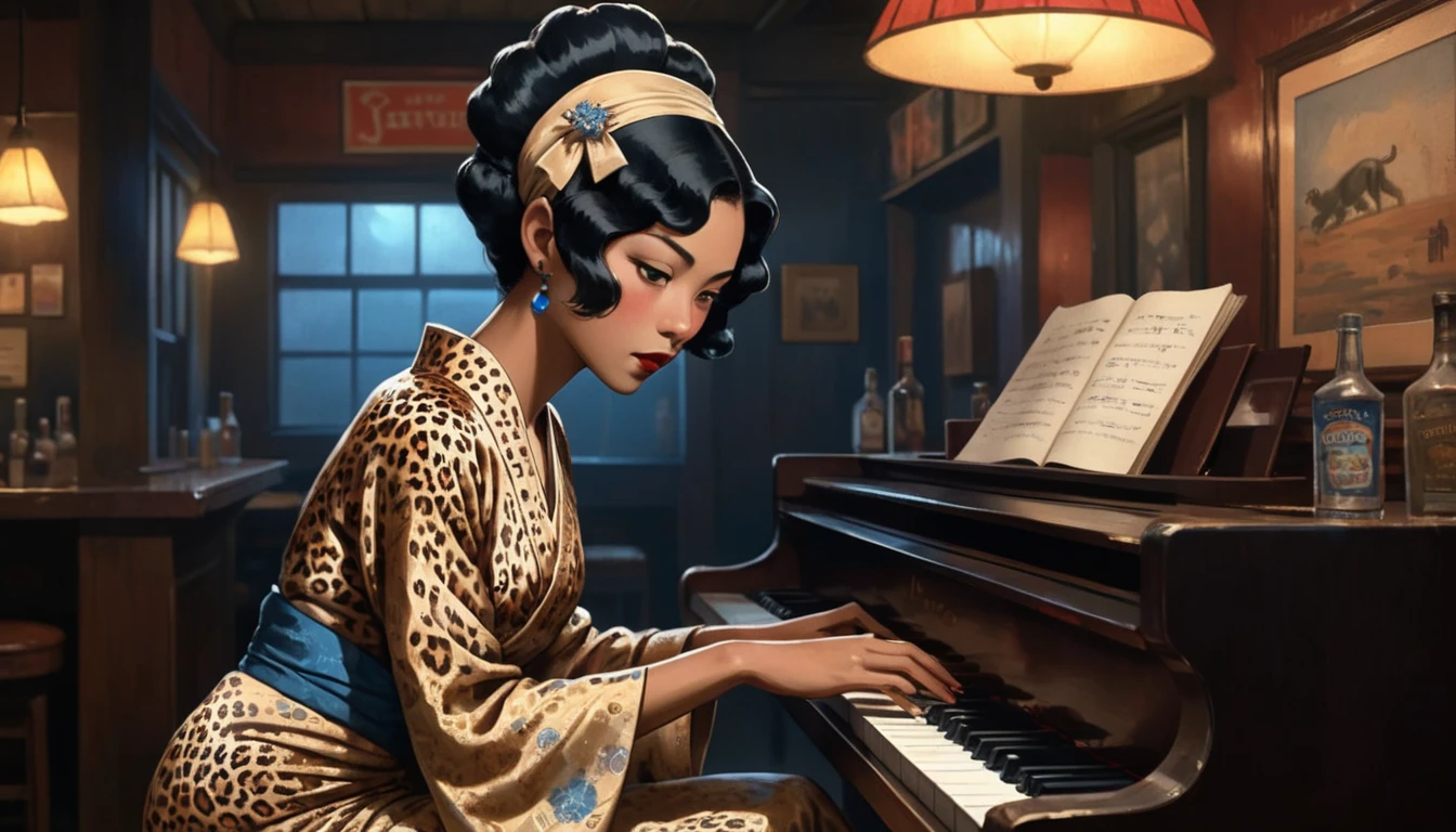 Robert Johnson, Grainy, Alabama Bar, charisma , Leopard Skin Dress, figure, Black Fantasy, asian woman, sad ending, Pianist: A very beautiful woman in a kimono playing bluesy piano in a dingy blues bar in the American South in the 1930s. American Bar Blues A dimly lit and lively bar