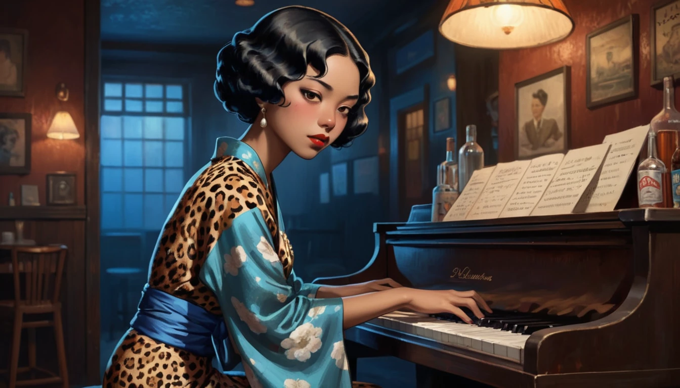 Robert Johnson, Grainy, Alabama Bar, charisma , Leopard Skin Dress, figure, Black Fantasy, asian woman, sad ending, Pianist: A very beautiful woman in a kimono playing bluesy piano in a dingy blues bar in the American South in the 1930s. American Bar Blues A dimly lit and lively bar