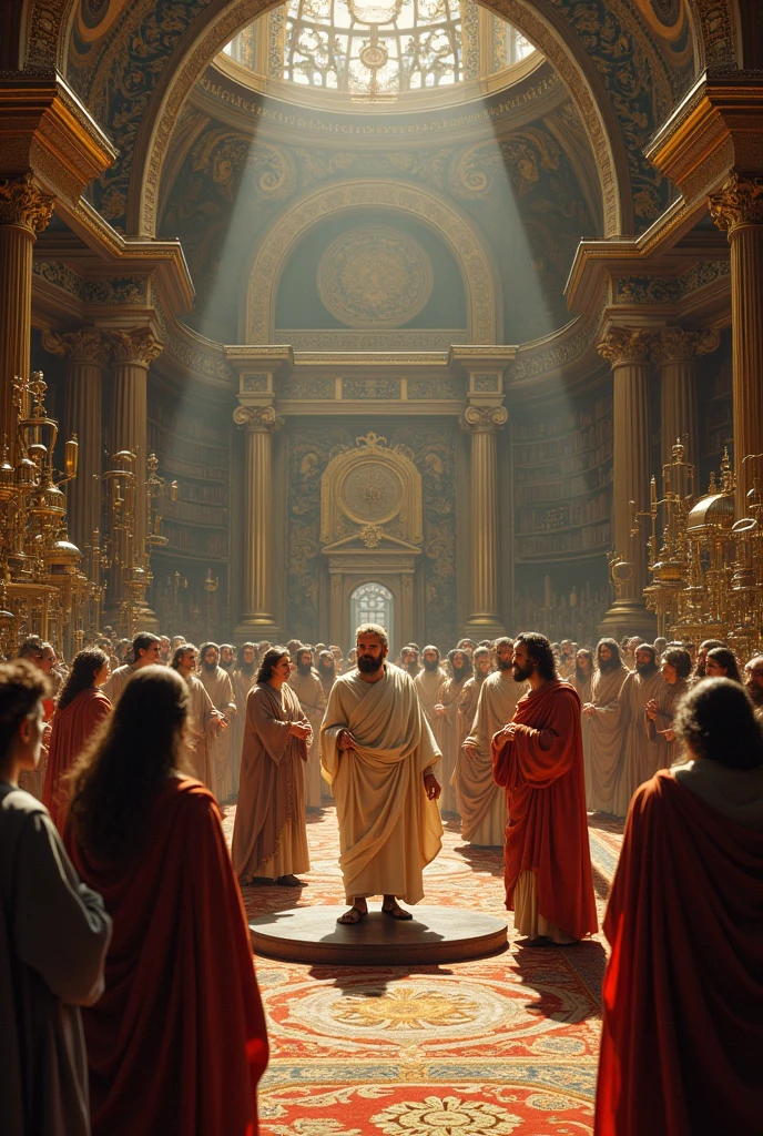 a room full of inventions and riches where Socrates is gathered, Leonardo da Vinci, Christian Jesus, king solomon 