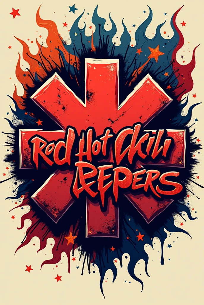 "Create a logo for the music band 'Red Hot Chili Peppers' that incorporates American political themes. The design should feature bold and dynamic elements to reflect the band's energetic and rebellious style integrate flames and chilli peppers that intertwine around American political themes, giving a dynamic, fiery effect. Include a variation of the iconic red asterisk, but blend it with subtle hints of American political imagery, such as abstract representations of the U.S. flag, stars, or stripes.The band's name, "Red Hot Chili Peppers" should be in bold, graffiti-style lettering that appears to be scorched or singed at the edges, conveying a rebellious spirit. The color scheme should primarily use red, white, and blue to emphasize the American theme, while maintaining a rock-and-roll aesthetic. The overall design should be visually striking and easily recognizable as a modern take on the band's identity with a political twist."