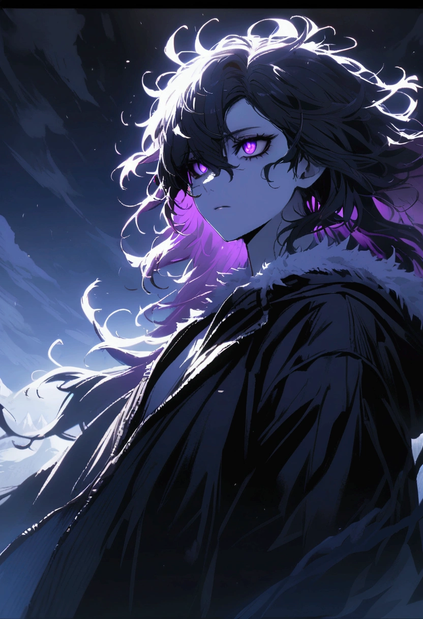 Lean 1 with pale skin, cold sharp eyes, wild hair colored black ,purple and a little white