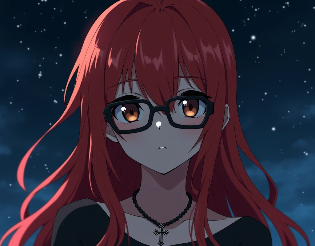 An anime girl with long red hair, wearing glasses on a starless night, she has a rosary around her neck , brown eyes and a serious face, full HD, HD , 4K, without bangs, without bangs