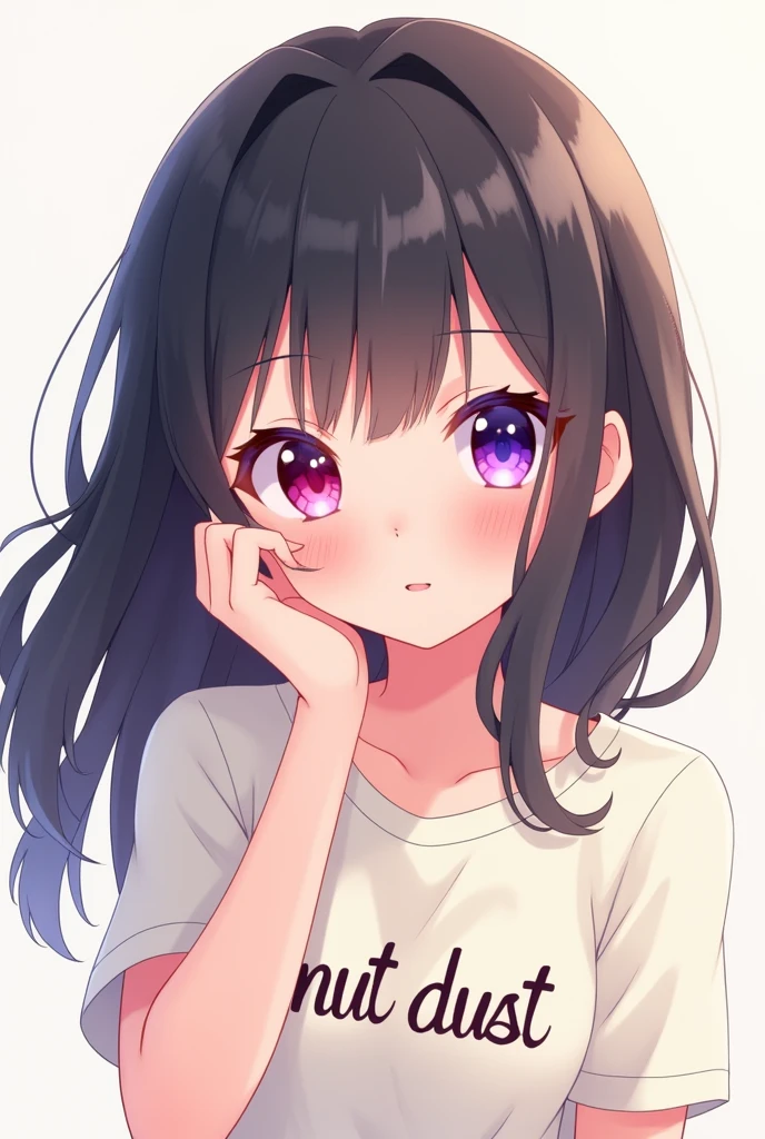 kawaii anime girl with black hair and pink and purple eyes (one eye is pink and the other is purple) wearing a shirt that says “nut dust”
and make the color lighter