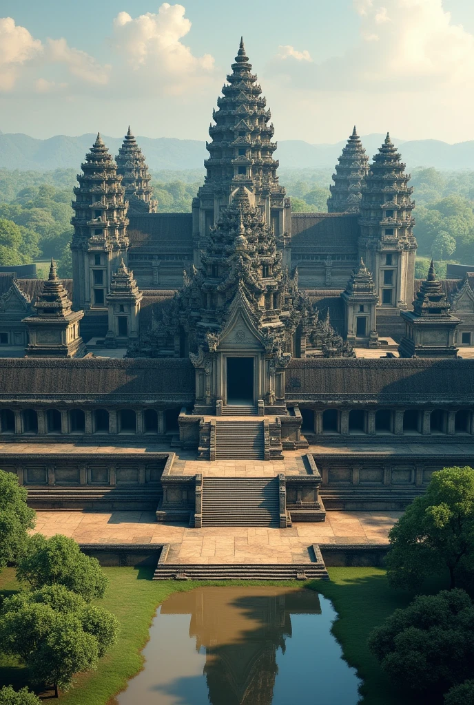 Create a 3D painting of the angkor wat Temple, capturing the intricate details and architectural style of the original structure. Ensure that the painting reflects the same artistic style and traditional elements as the original temple, showcasing its grandeur and historical significance in a visually striking and immersive manner.