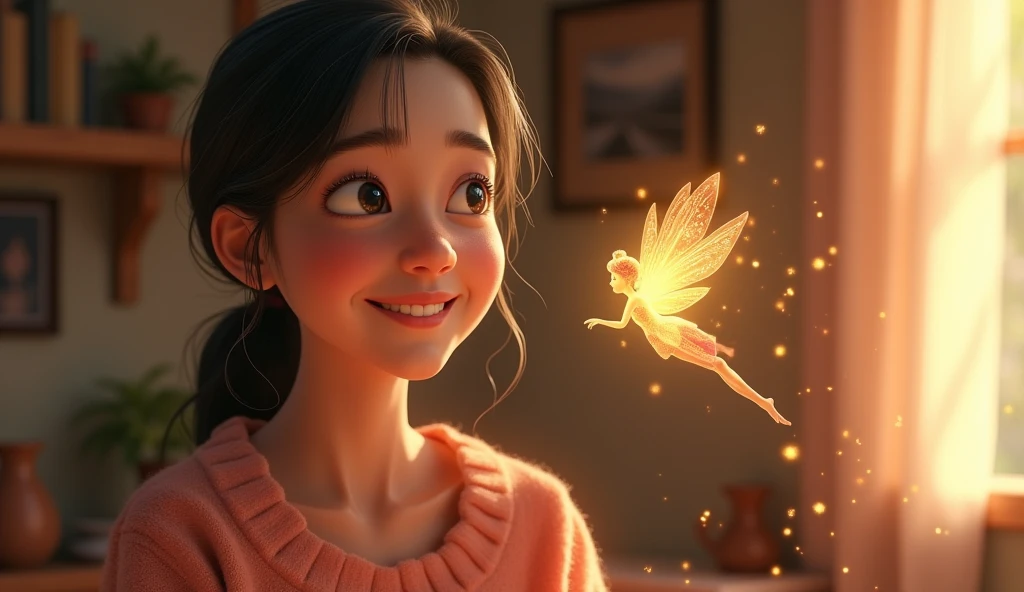Generate a realistic photo.Image: Chintu’s mother looking healthy and happy at home. The fairy is beside her, adding a magical glow around her, indicating her well-being.