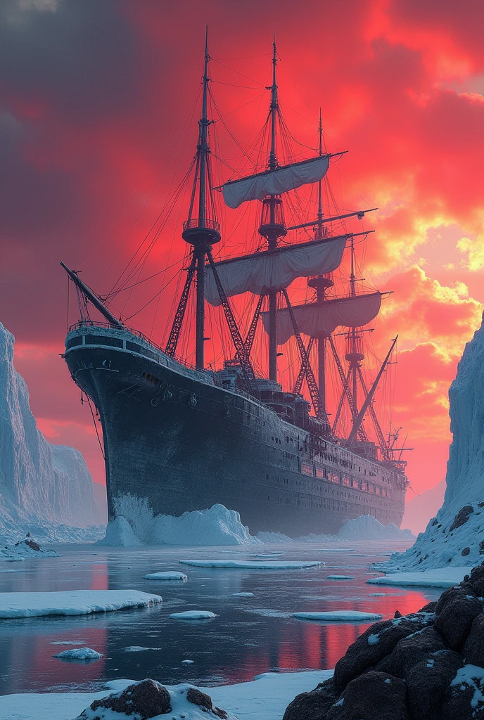 Gient Old ship in Antarctica realistic peak with red sky 