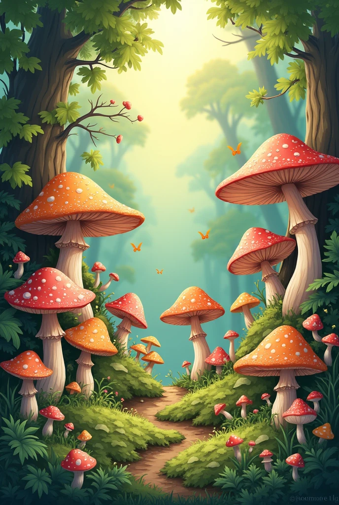 various types of fungi living in harmony with plants cute drawing