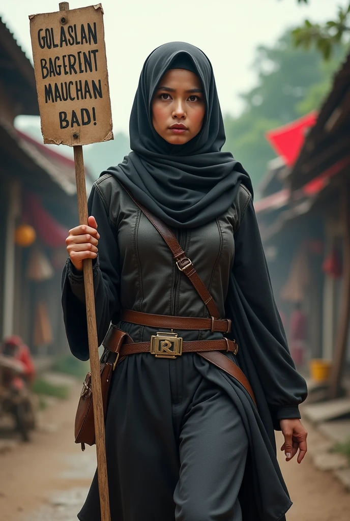 best quality, masterpiece, very high resolution, (photorealistic:1.2), Indonesian female Marvel hero in hijab, (face detail:1.2), (eye detail:1.2), (clothing detail:1.2), (full body detail:1.2), 4k,, Indonesian female Marvel hero in hijab, (walking) on ​​a village street, with a screaming expression while carrying a large banner with the words "montong micen Limbah pabrik goblog" next to many hodie shops, 34k ultra FULL HD.