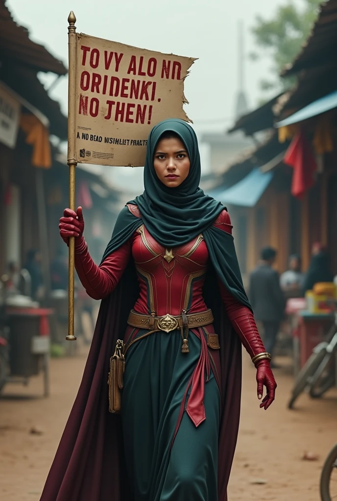 best quality, masterpiece, very high resolution, (photorealistic:1.2), Indonesian female Marvel hero in hijab, (face detail:1.2), (eye detail:1.2), (clothing detail:1.2), (full body detail:1.2), 4k,, Indonesian female Marvel hero in hijab, (walking) on ​​a village street, with a screaming expression while carrying a large banner with the words "montong micen Limbah pabrik goblog" next to many hodie shops, 34k ultra FULL HD.