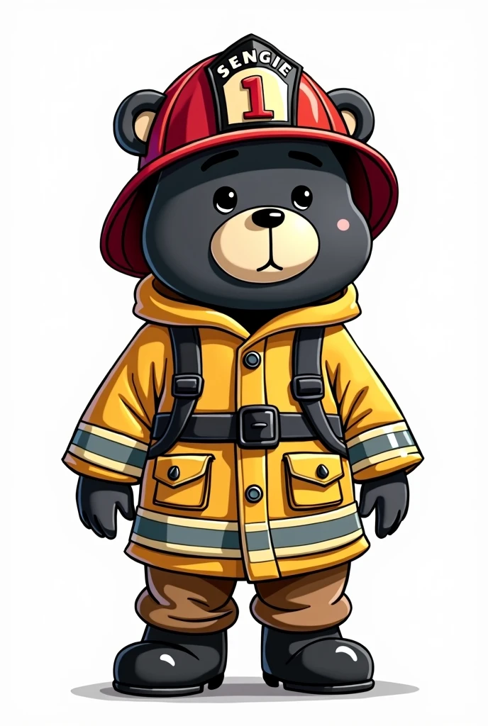 Black and white cartoon bear dressed as a fireman