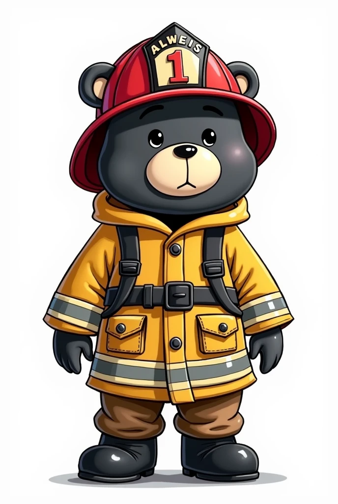 Black and white cartoon bear dressed as a fireman 
