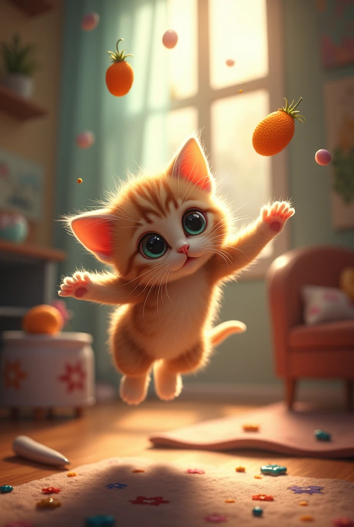 Testing its powers, the kitten starts to crawl along the walls and ceiling with ease. It feels a strange tingling sensation, a "spidey sense," alerting it to nearby movements. The kitten quickly reacts, dodging a falling object with incredible speed.
