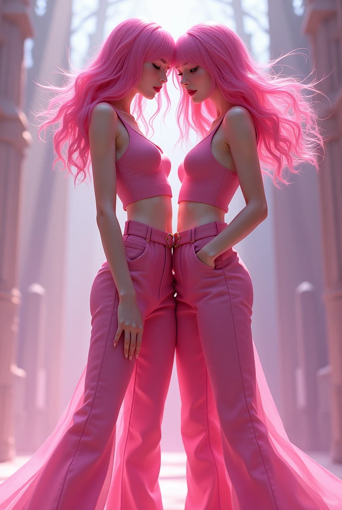 2 lady, pink skin, medium long fuchsia hair, fuchsia eyes, Pink sleeveless top with pink flared calf-length pants and pink shoes