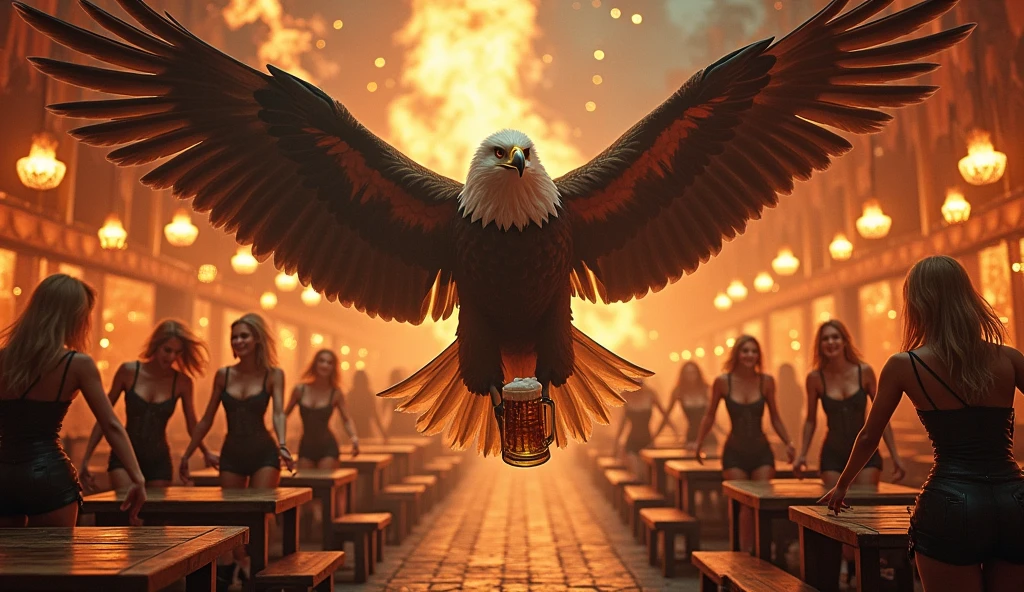 Eagle in fire drinking beer with german dancing bikergirls in german cafe in fire octoberfest