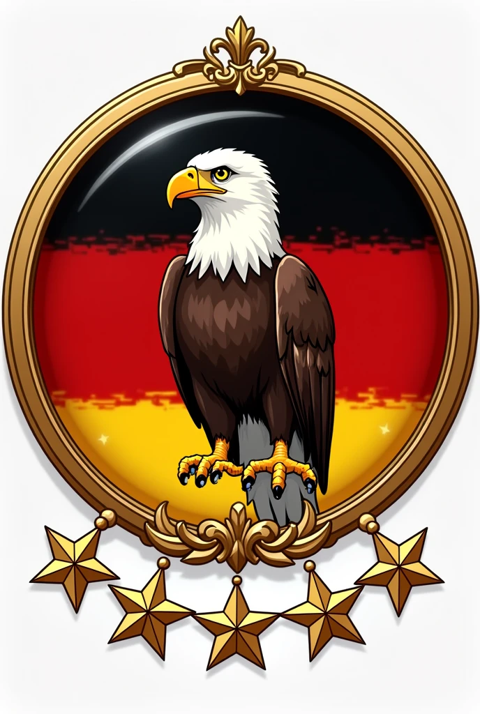 Create me an avatar with an eagle on the flag of Germany and with the nickname Maer97 and 6 stars below and with a beautiful golden frame in anime style and a round