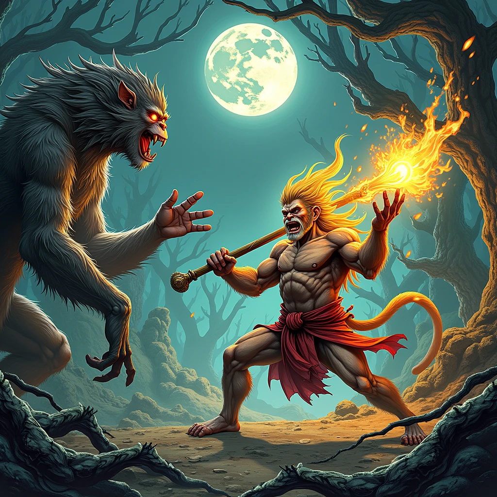 Create an illustration of the Monkey King Chinese fable tale, with his golden staff on fire fighting a monster in a dark forest under a full moon High resolution, detail, blurry foreground, 