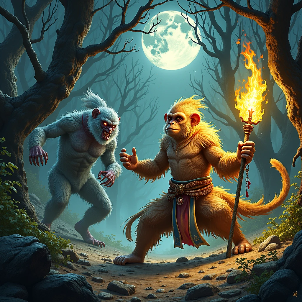 Create an illustration of the Monkey King Chinese fable tale, with his golden staff on fire fighting a monster in a dark forest under a full moon High resolution, detail, blurry foreground,
