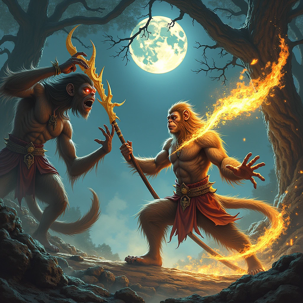 Create an illustration of the Monkey King Chinese fable tale, with his golden staff on fire fighting a monster in a dark forest under a full moon High resolution, detail, blurry foreground,