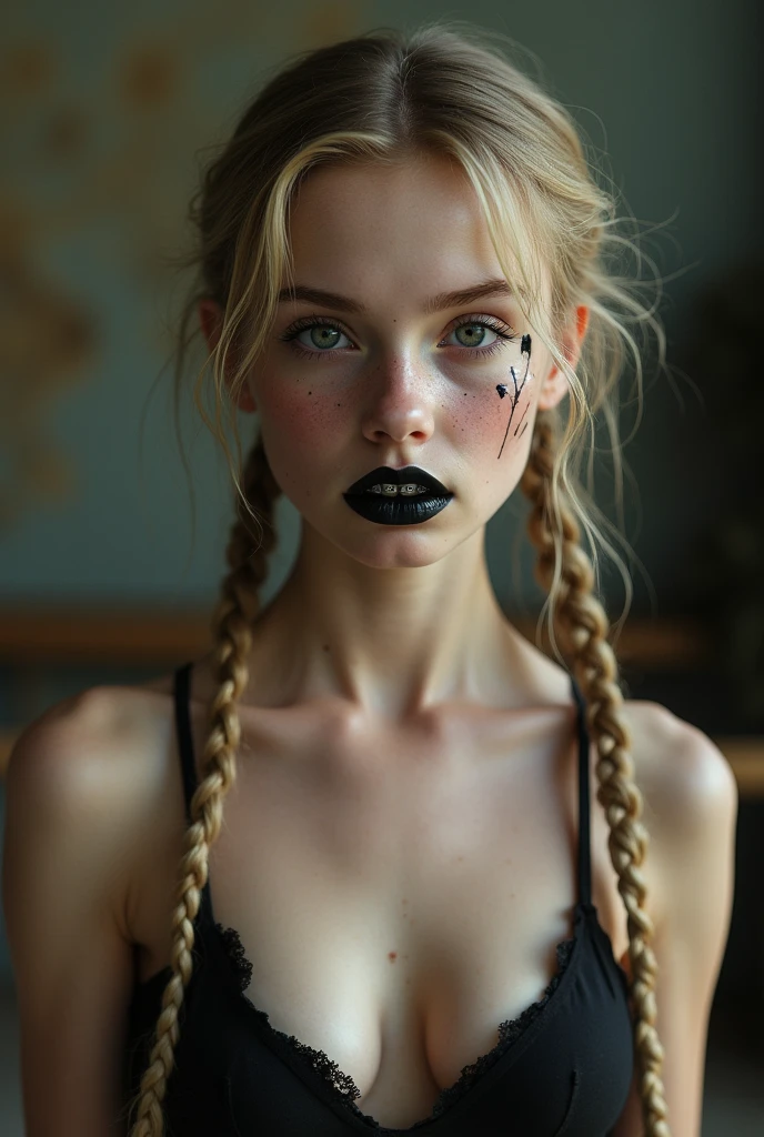 Ein Mädchen 18 Jahre alt lange blonde geflochtene Zöpfe sehr dünn tut naked Ballett, No clothes,flat chest,Small Breasts,Makeup spent,Makeup is dizzy,Perfect lips, Black lipstick, Braces, freckle,big eyes,blue eyes,Sweating, 大量Sweating,wet,Very detailed, best quality, Extremely detailed face, Perfect Lightning, Ballet Studio, background, Sexy, , Unique, 4K, masterpiece, naked
