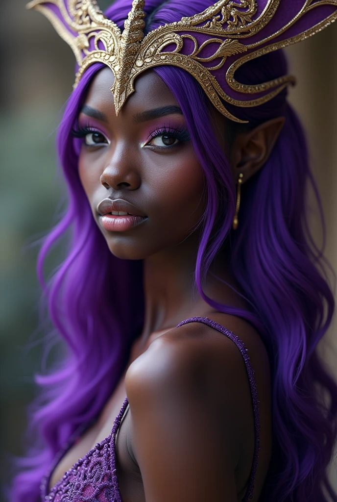 Black woman. dragon girl with a gold and purple detailed crown down to her fore head. Purple hair. Long purple nails on a slender hand. Sexy. Golden waist ratio. Long bare legs. Full body showing. Stunning. Ultra high quality.