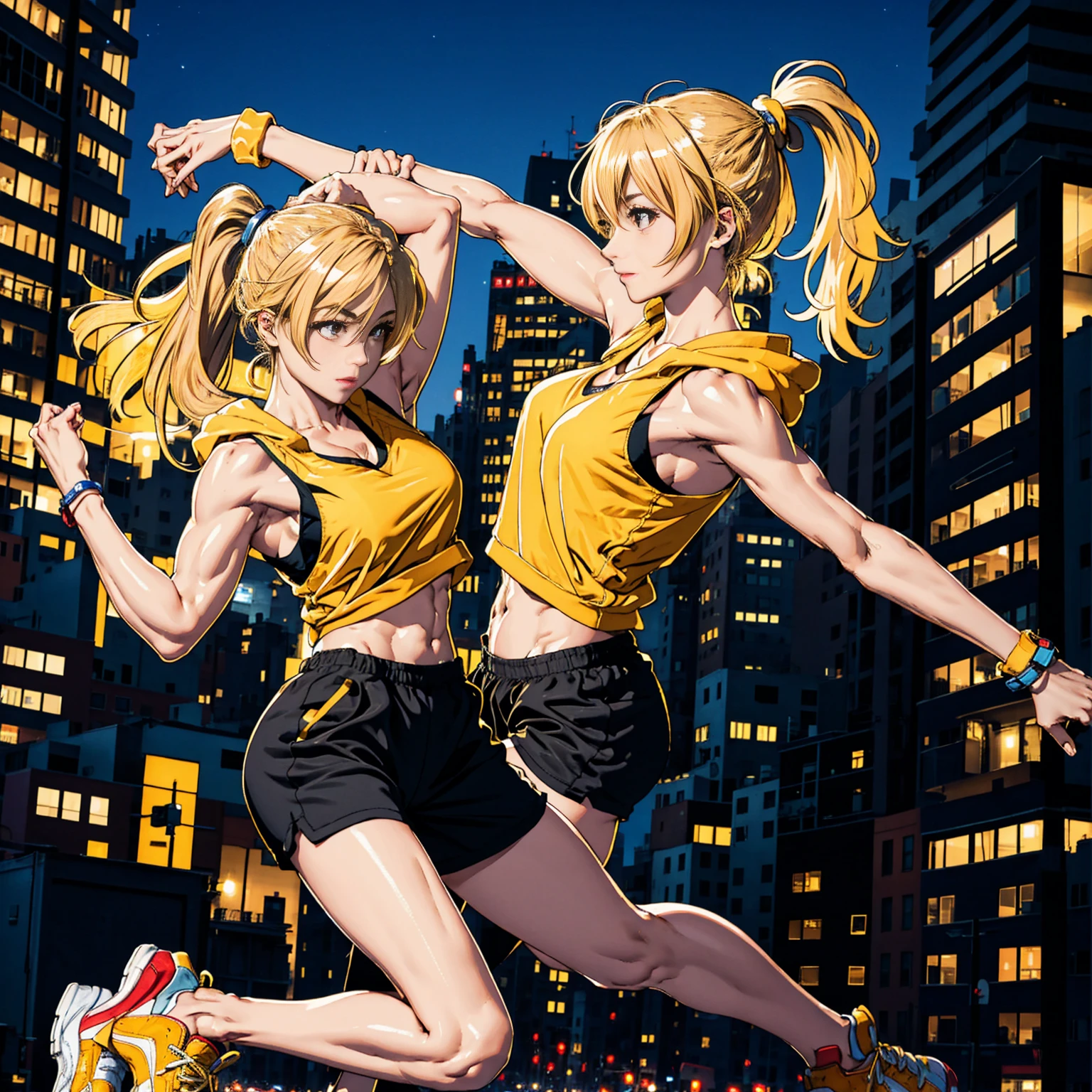 Manhattan at night, Dancing in the middle of the city,woman, woman1人, Tank top, Put on a hoodie, Yellow sneakers, Blonde, ponytail, Beautiful Face, complete human body structure, Muscular Abs, slightly muscular arms, Slightly muscular legs, Larger breasts