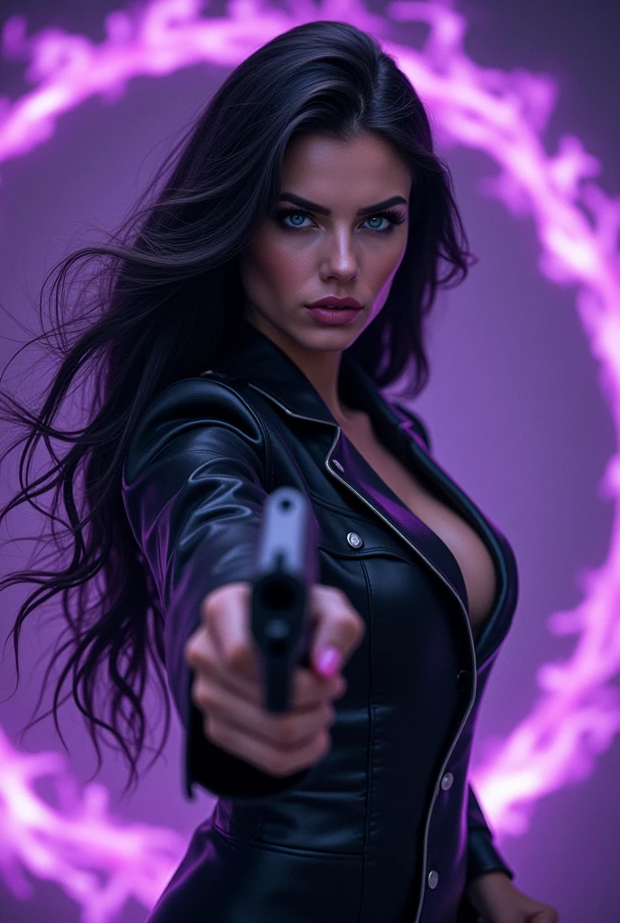 A picture of an extremely beautiful woman, with very blue eyes, long black hair, small nose, very feminine, too beautiful, full lips, a background of purple flames enveloping her, dressed in a black leather military suit, with a gun in his hand