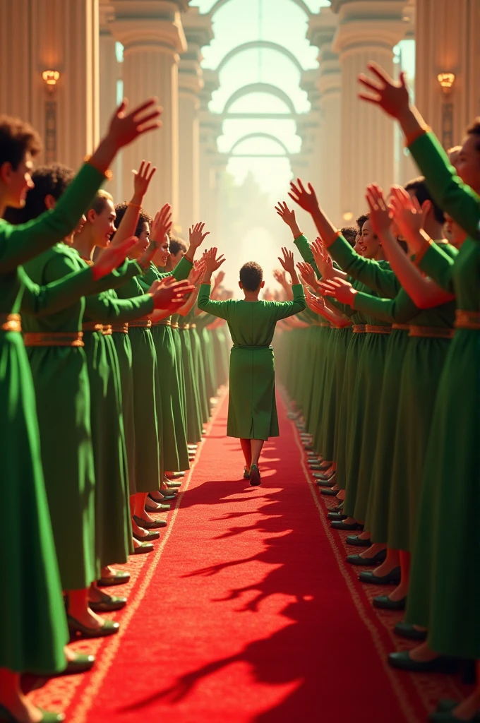 A crowd wearing green on a red carpet applauding their friend as he passes by.