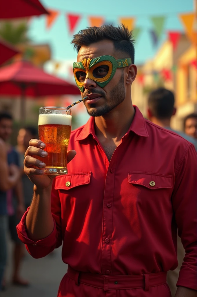 Create an image of a man wearing a red jumpsuit, wearing the mask from the series 'La Casa de Papel', holding a glass of beer in one hand and a skewer in the other hand, in a relaxed and festive atmosphere.