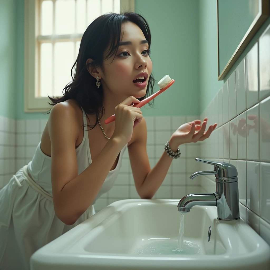 latin woman brushing her teeth with tap without water coming out.